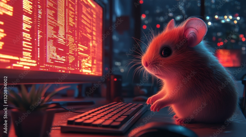 Poster A small brown rodent sits at a keyboard, intently facing a glowing computer screen in a dimly lit room. The city skyline is visible through a window, creating a cozy atmosphere.