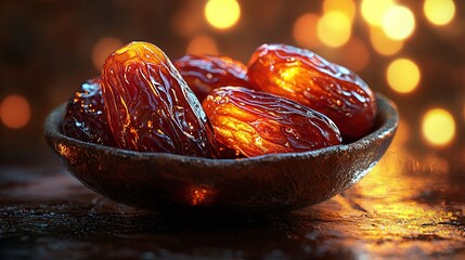 Delicious date fruit with soft glowing edges captured in warm light on wooden bowl
