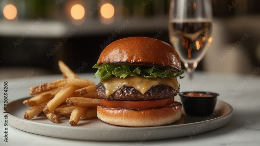 Poster cheeseburger with fresh ingredients and a side of fries presented on a plate in an elegant dining se