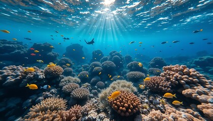Obraz premium Exploring Vibrant Coral Reef with Tropical Fish and Sunlight Streaming Through
