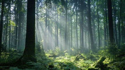 Obraz premium Sunbeams in Enchanting Forest