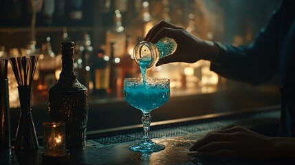 Pouring Bright Blue Cocktail into Elegant Glass at Bar Counter