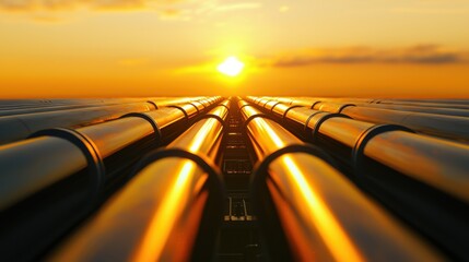 Industrial pipelines extending into the horizon at sunset with warm golden light reflecting on metallic surfaces