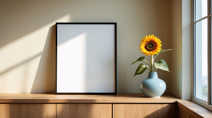 Fresh home styling featuring a blank canvas on wooden furniture with a vase of bright yellow sunflowers Interior design inspiration stock photo
