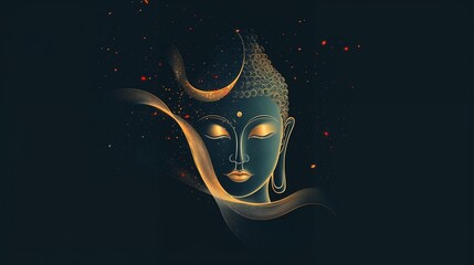 Horizontal Banner A contemporary, abstract minimalist depiction of Buddha&rsquo;s face using soft golden lines.