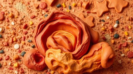Sculptural clay art illustration, warm colors, reds oranges yellows, modeled textured shapes, random background, random colors