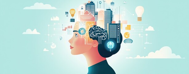 A creative representation of a person's mind with urban elements and innovative ideas emerging.