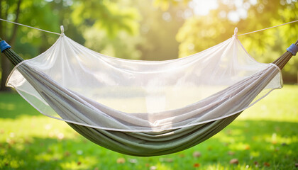 Outdoor mosquito net stretched over hammock