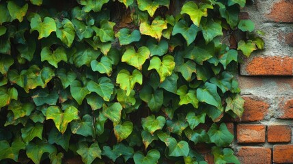 Green ivy climbs the red brick wall creating contrast