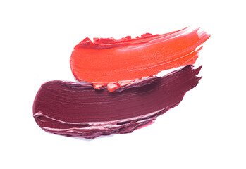 Beauty texture smudge lipstick multi colored two colors coral blush orange, burgundy isolated on...