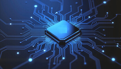 Microchip with circuit connections on dark blue background