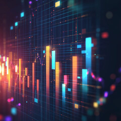 Abstract financial graphic illustrating growth with glowing bar charts against a dark background, symbolizing success and data analysis in business. 