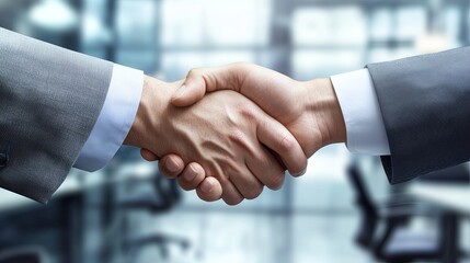 A business meeting with people shaking hands across a table in a glass-walled office digital