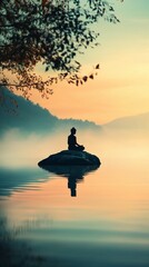 Vertical Banner Soft golden sunrise over a tranquil water surface, subtle Buddha silhouette in the mist.