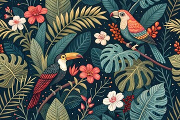 Obraz premium A vibrant seamless pattern featuring colorful parrots and tropical flowers in a lush jungle setting surrounded by branches and leaves