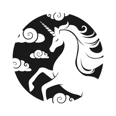 Unicorn silhouette in a circle stamp set. Fantasy magical mystic horse tattoo clipart set. Product design t shirt sticker print.