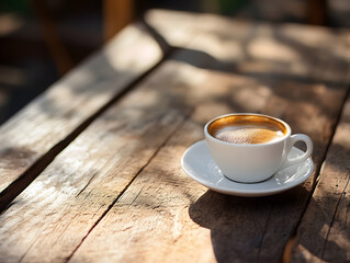 Serene Cappuccino on Weathered Wooden Table in Soft Sunlight - Ideal for Caf�� - themed Social Media Posts and Relaxing PPT Backgrounds 