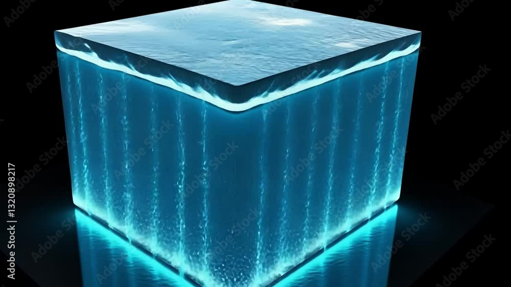 Poster glowing blue ice cube with smooth surface and illuminated edges, floating against dark background, c