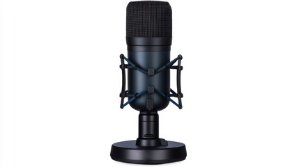 Black Condenser Microphone with Blue Accents on White Background