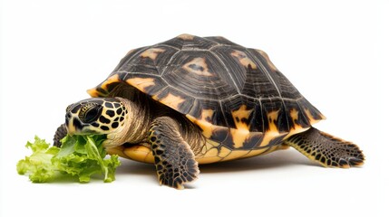 Obraz premium Black and Yellow Tortoise Eating Lettuce on White Background