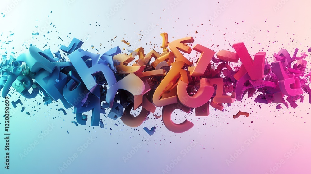 Poster Creative typography background featuring floating 3D letters and abstract forms with a soft gradient backdrop, ideal for modern projects