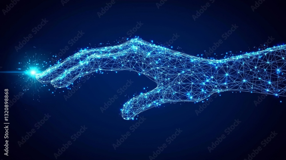 Poster luminescent network connection polygonal hand interacting with glowing dots and lines on blue