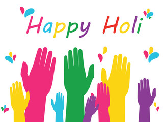 Holi Festival and many colorful hands .Various colored powder coatings. Indian festival of colors. Vector illustration