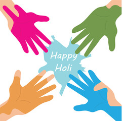 Holi Festival and many colorful hands .Various colored powder coatings. Indian festival of colors. Vector illustration
