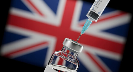 Syringe and vaccine bottle with the flag of the United Kingdom