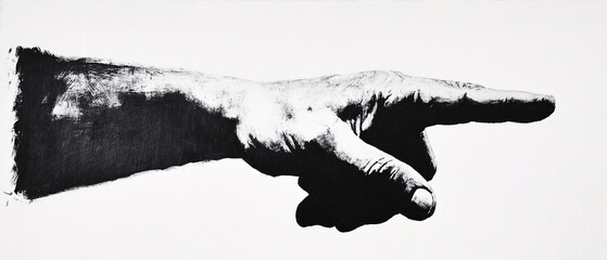 A black and white high-contrast illustration of a pointing hand in vintage engraving style with strong shadows and textured details  
