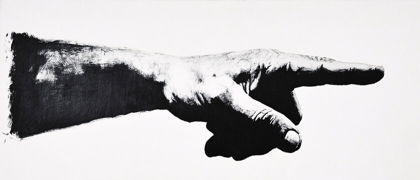 A black and white high-contrast illustration of a pointing hand in vintage engraving style with strong shadows and textured details  
