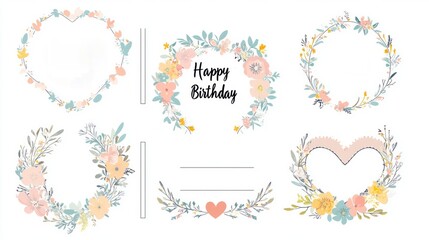 Set of wedding cards with pastel color floral designs and decorative elements, flat vector illustration. Hand drawn floral borders for invitation card design template.