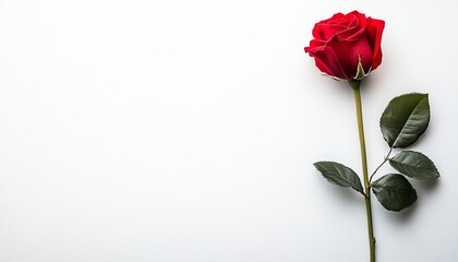 Obraz premium Single Red Rose on White Background. Minimalistic Floral Composition, Love, Passion Concept