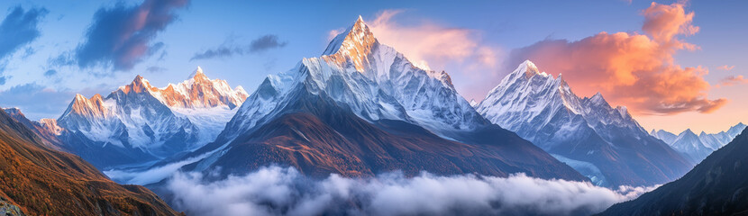 일출 때의 산봉우리의 파노라마 전망, 파노라마 풍경, 위에서 아래로 찍은 파노라마 사진, 파노라마 전망, 위에서 본 파노라마 전망, 가을 계곡에 안개가 낀 산 풍경과 구름이 있는 푸른 하늘, 구름 사이로 비치는 햇살, 산봉우리, 생생한 색상, 배경의 산, Panoramic view of mountain peak at sunrise, panoramic lan