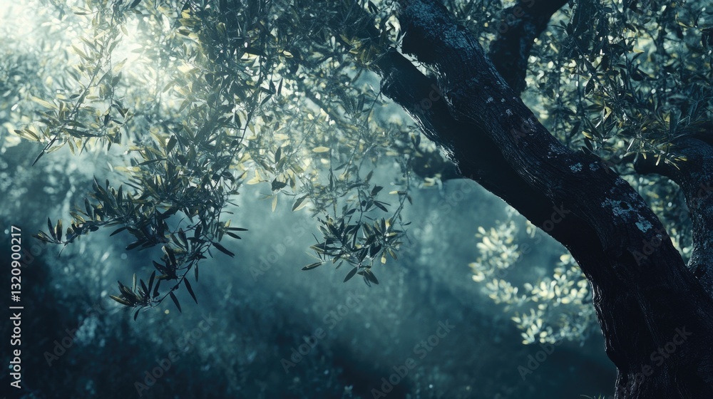 Aufkleber A serene scene of an olive tree with sunlight filtering through its branches