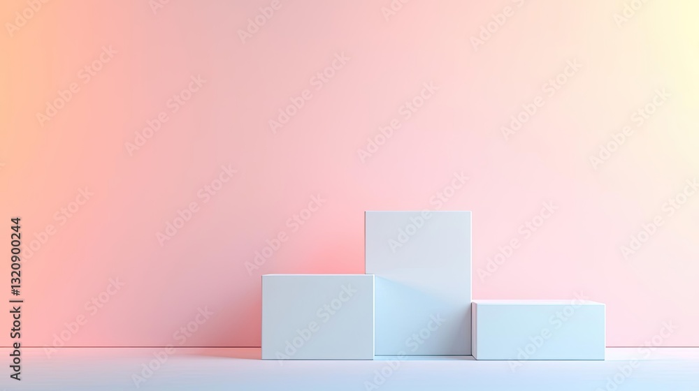 Poster Abstract landscape background idea. Minimalist design showcasing three white blocks against a soft pastel background.