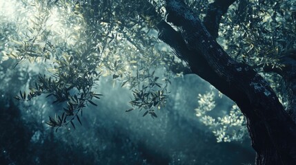 A serene scene of an olive tree with sunlight filtering through its branches