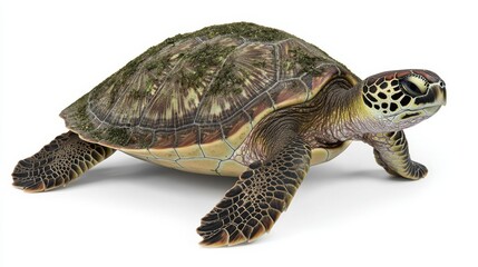 Obraz premium Green Sea Turtle Crawling on White Background Studio Shot