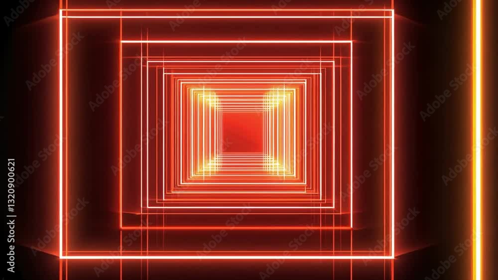 Poster abstract red neon light tunnel with glowing lines and layered patterns, creating depth and perspecti