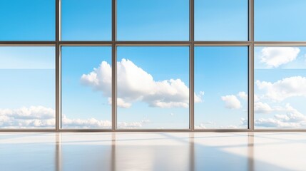 Fototapeta premium material science coatings concept. Bright interior view with large windows showcasing a clear sky and clouds.
