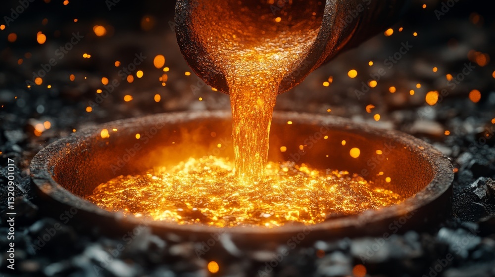 Poster bright molten metal flows from a casting ladle into a round mold. the environment is filled with spa