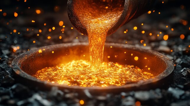 Bright molten metal flows from a casting ladle into a round mold. The environment is filled with sparks, highlighting the intensity of metallurgy in action. - Powered by Adobe