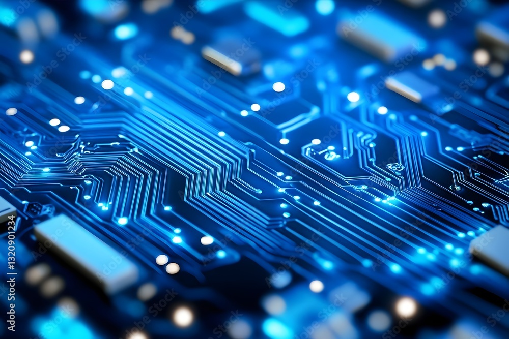 Poster close-up view of a blue electronic circuit board showcasing intricate pathways and glowing component