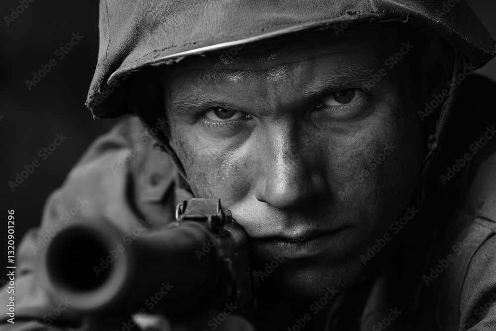 Poster a man holding a gun in a grayscale image