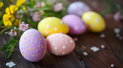Fototapeta premium Assorted chocolate Easter eggs in bright pastel colors such as yellow, pink, and purple, placed on a decorated wooden table for a spring celebration.