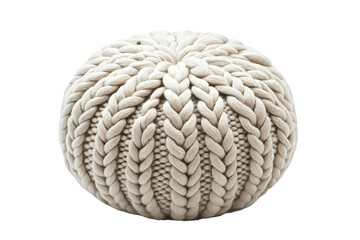 Obraz premium Knitted beige pouf ottoman with wool yarn isolated on transparent white background