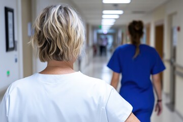 Obraz premium Two healthcare professionals are seen walking down a hospital corridor, portraying collaboration and the dedicated environment of medical care in hospitals today.