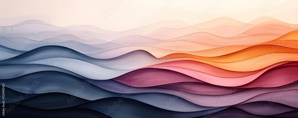 Poster Digital watercolor painting abstract background idea. Abstract waves in soft colors create a serene and calming landscape for artistic designs.