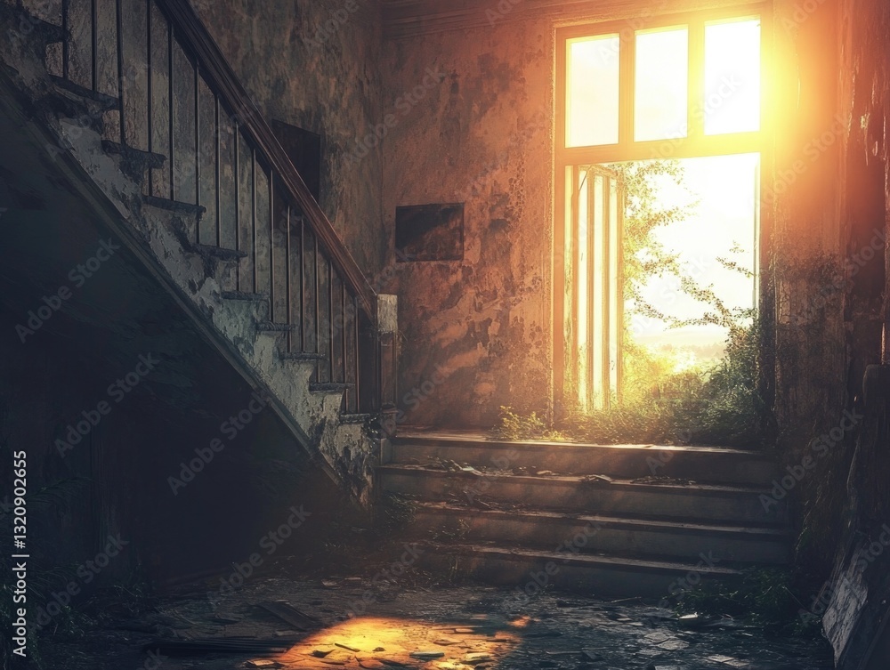 Poster a photo of sunlight shining through a window in an abandoned building