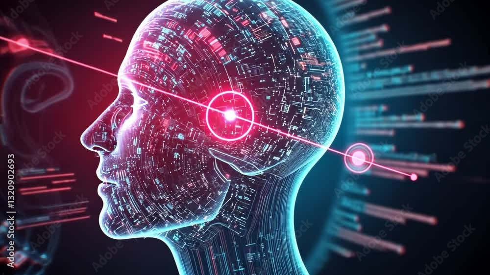Poster futuristic digital head with glowing circuits and data, symbolizing artificial intelligence and tech